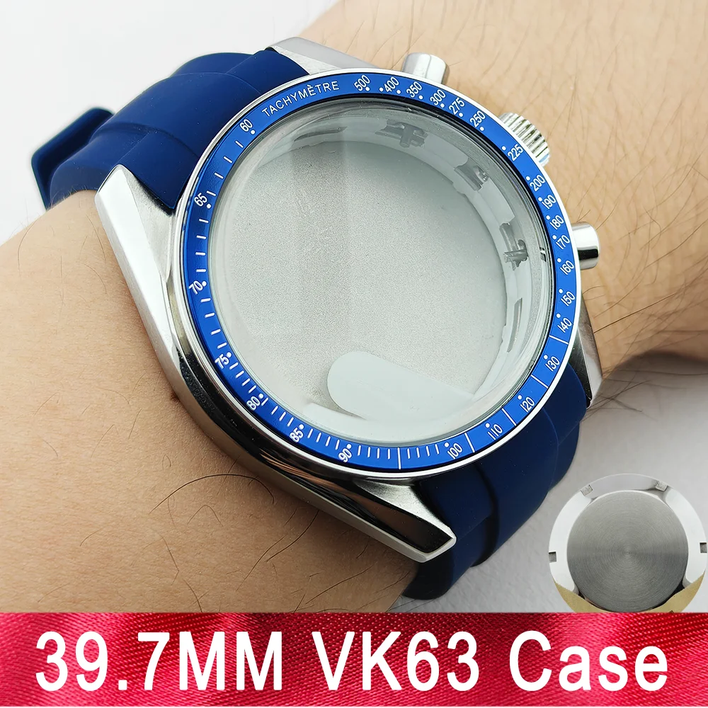 39mm vk63 cases blue rubber strap 316L stainless steel Fit For Speed Master metal case suitable for men's watch modification