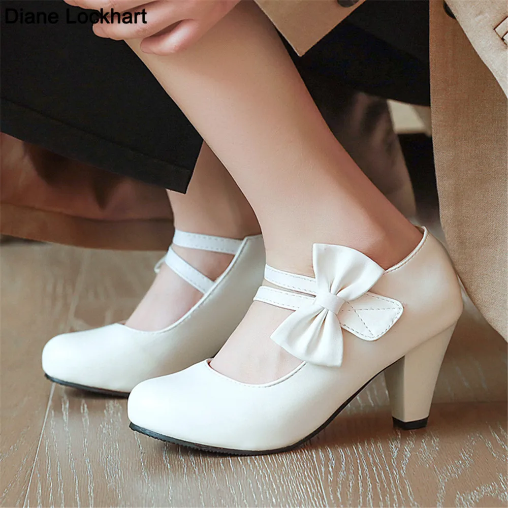 Spring Women High Heels Ankle Strap Mary Jane Pumps Party Wedding Cosplay White Red Black Bow Princess Lolita Shoes Size 34-46