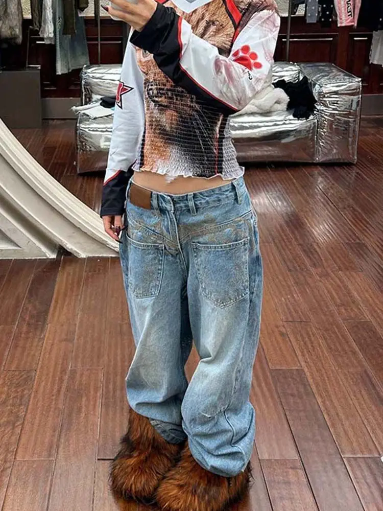 

Женские мешковатые джинсы с карманами и вышивкой, осенний стиль, широкие джинсовые брюки, женские уличные брюки с высокой талией в стиле ретро