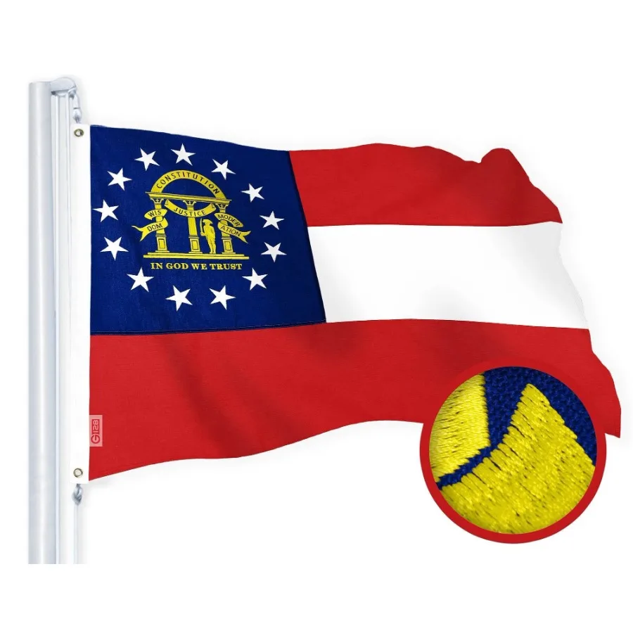 

Georgia State Flag 4x6 Ft Embroidered 220GSM Spun Polyester Embroidered Design Indoor Outdoor Brass Grommets Heavy Duty All Wea