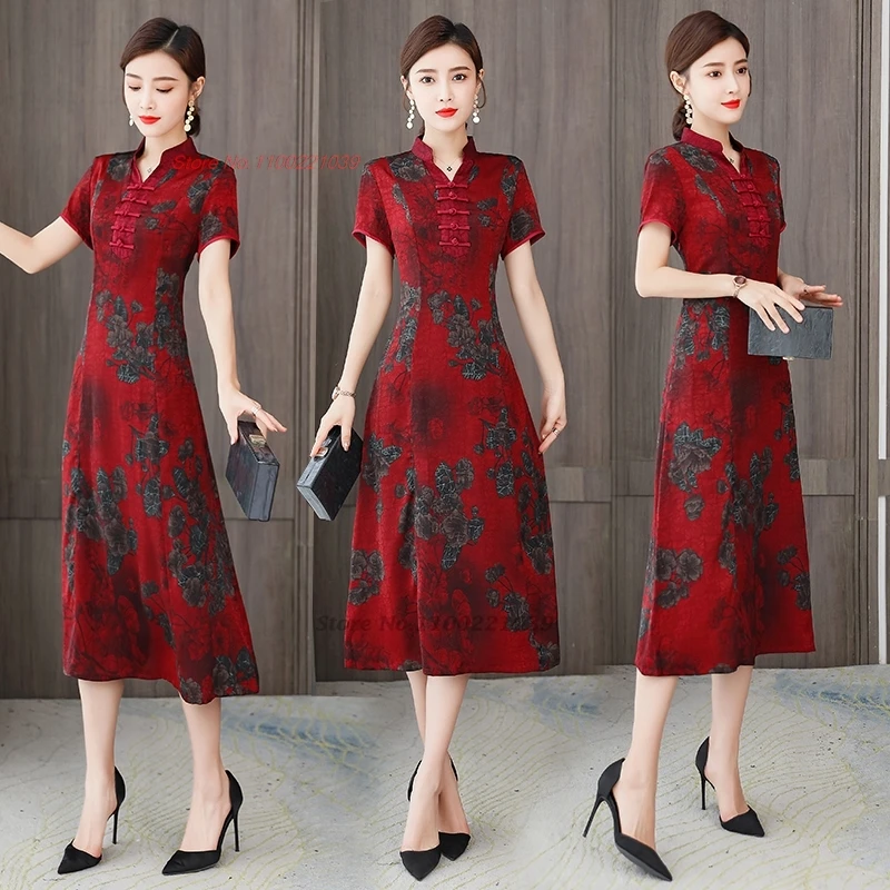 2025 chinese vintage dress improved a-line cheongsam national flower print satin qipao dress oriental elegant folk dress qipao