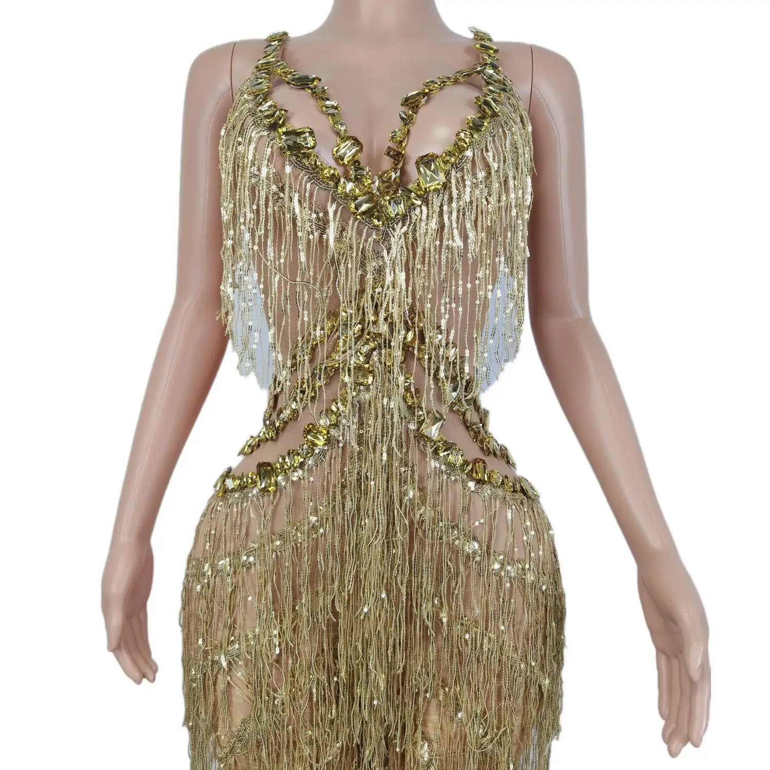 Monos Sparkly Gold Tassel Sequins Cut Out Rompers Women One Piece Bodysuits Stage Performance Outfits Party Wide Leg Jumpsuit