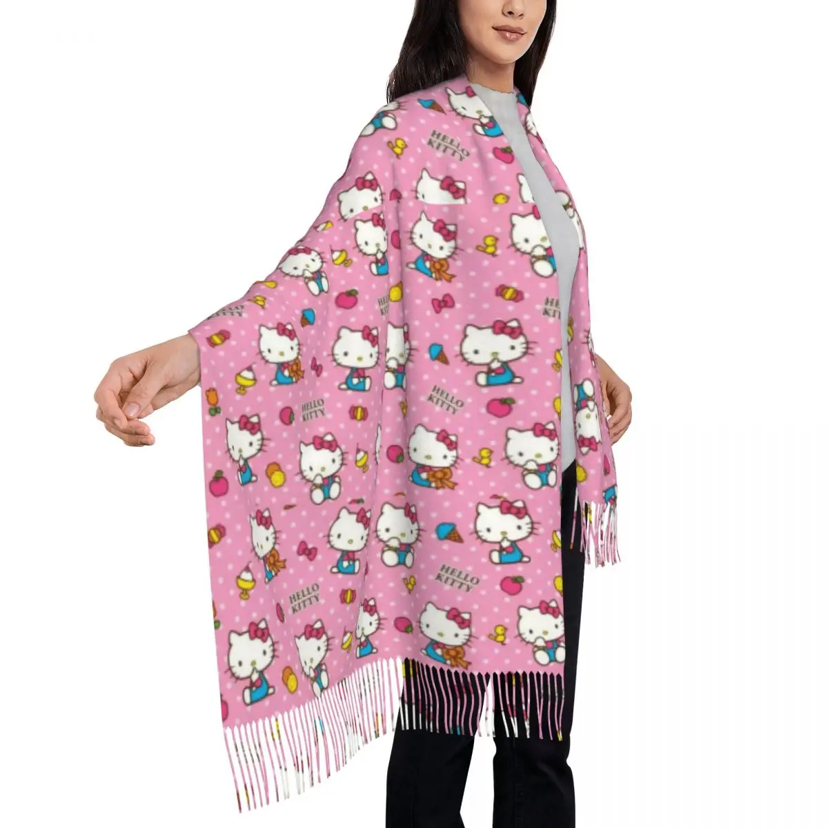 CustomHello Kitty Pattern Scarf Wrap dla kobiet Długi zimowy jesienny ciepły szal z frędzlami Unisex Sanrio Cartoon Scarves