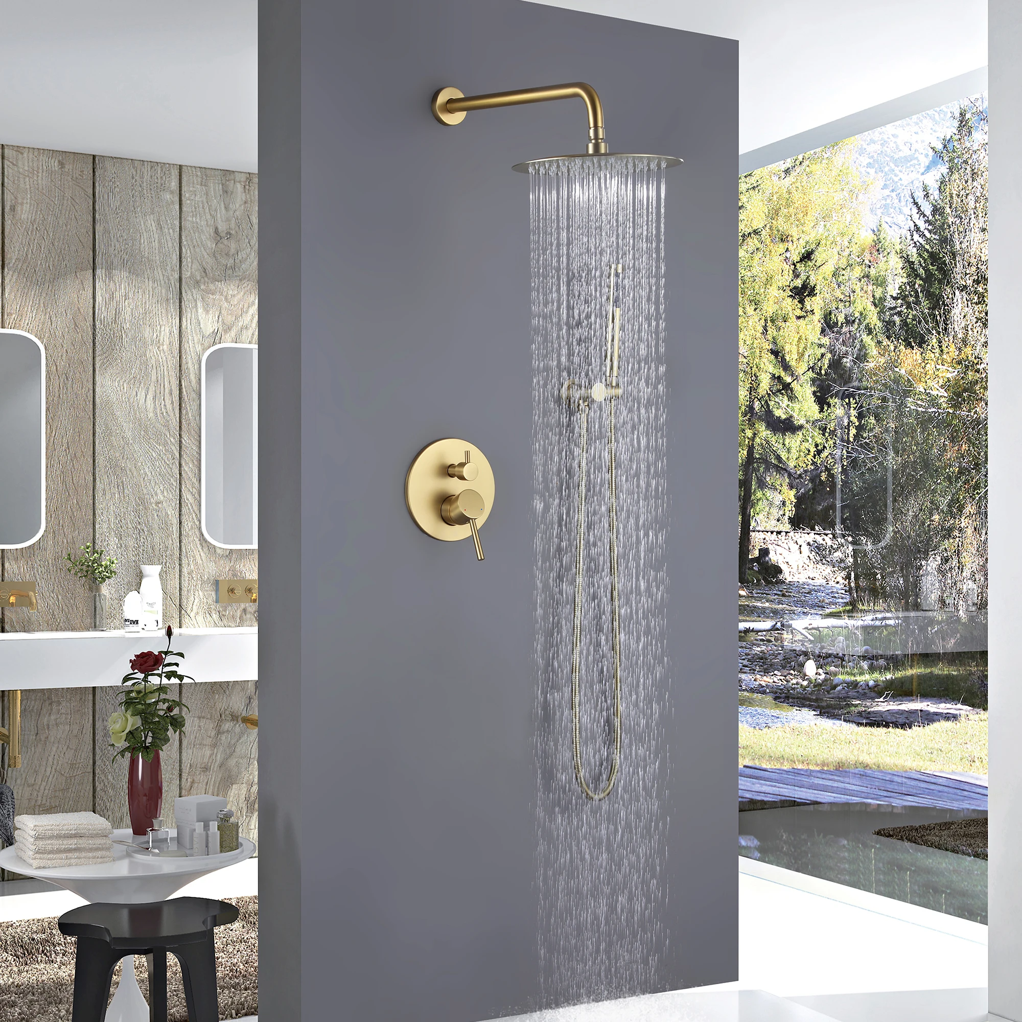 Concealed Brushed Gold Cold Hot Water Double Handle Bathroom Mixer Rain Shower Set