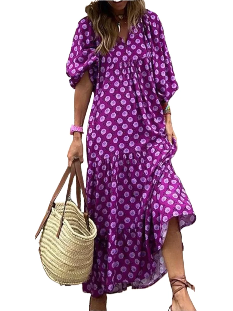 

For Women New Print Casual Dress Autumn Fashion V Neck Elegant Loose Office Boho Holiday Dresses Spring Summer Robe Femme