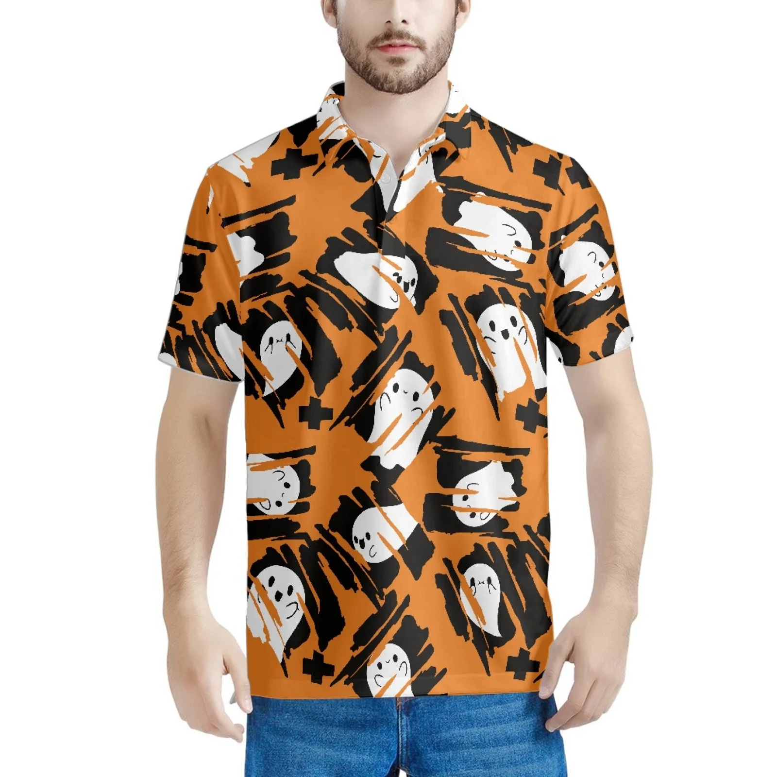 Halloween Pattern Pumpkin Head New Summer Casual Short Sleeve Fashion Design Tops Shirt Men 2023 Holiday Clothing Lapel Shirts