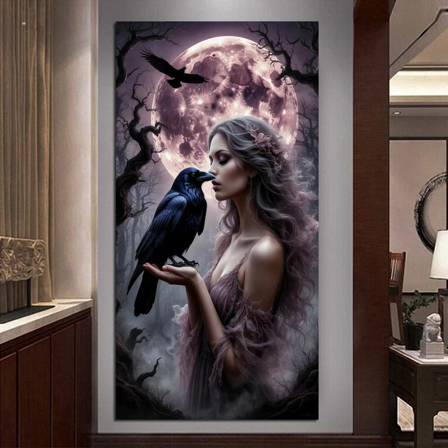 

Лунная женщина ворона большой размер новый Diy алмазный художественный набор для рисования животные птицы полная квадратная круглая дрель мозаика вышивка картина