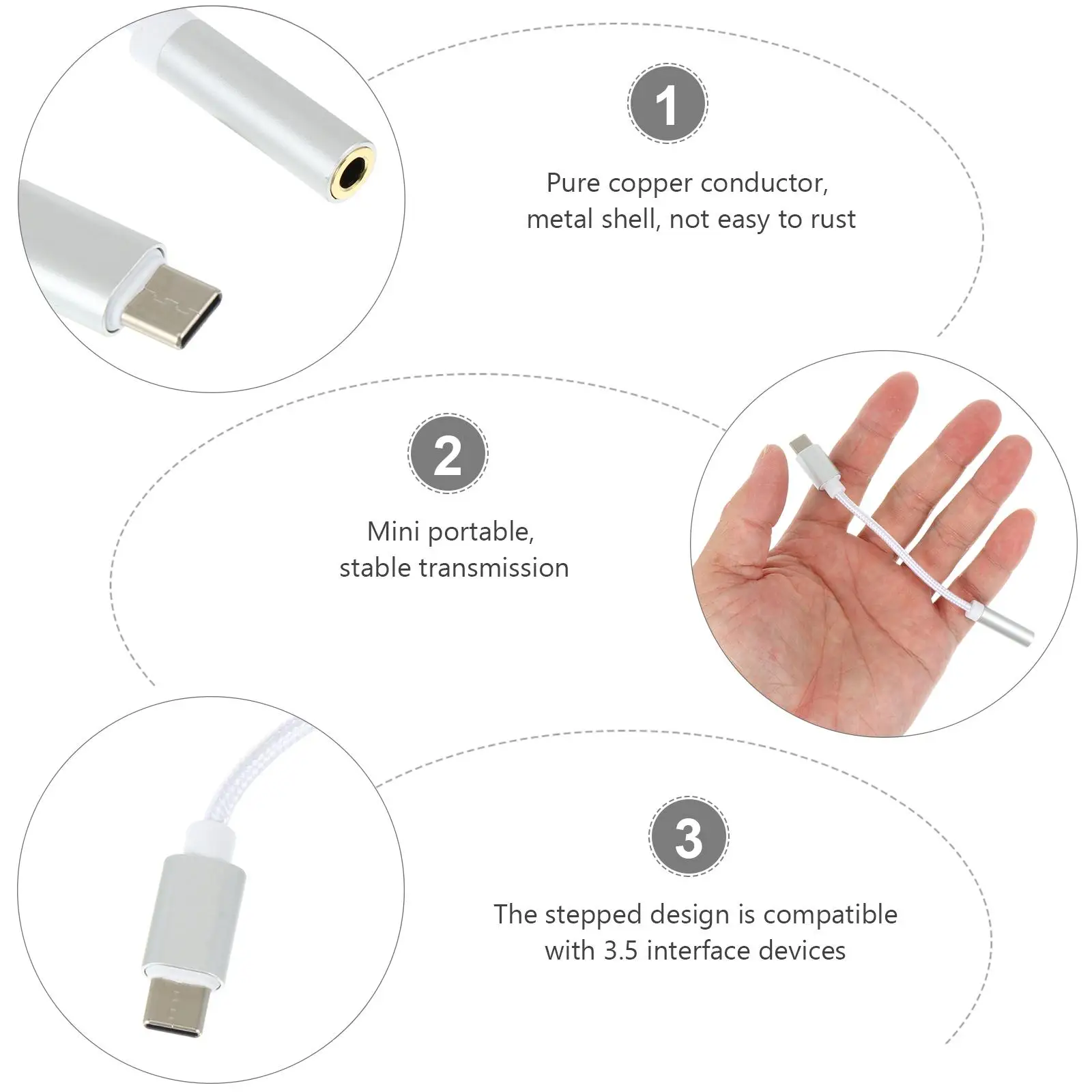 Кабель аудиоконвертера типа C на 3,5 мм, адаптер для наушников из алюминиевого сплава, высокопрочный плетеный провод, запутывание