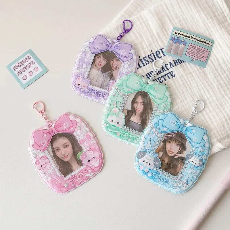 3 Inch Creative Design Kpop Photocard Holder Kawaii Cartoon Piggy Kitten Photo Card Cover Case Portable Keychain Card Protector