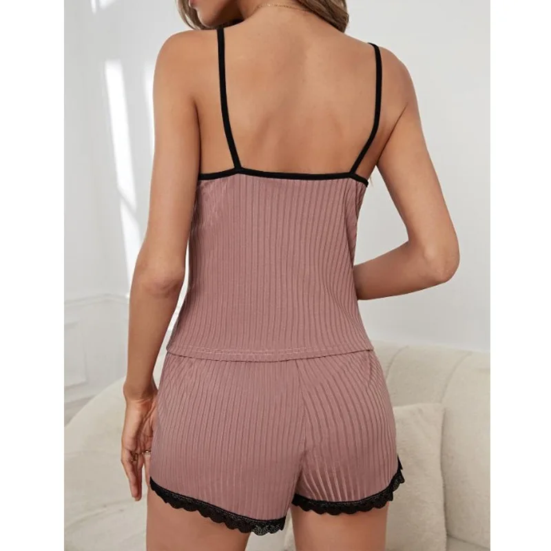 Summer Casual Women\'s New Comfortable Ribbed Fabric Pajama Set Women\'s V-Neck Bow Top And Shorts Pajama Set Pijama Verano