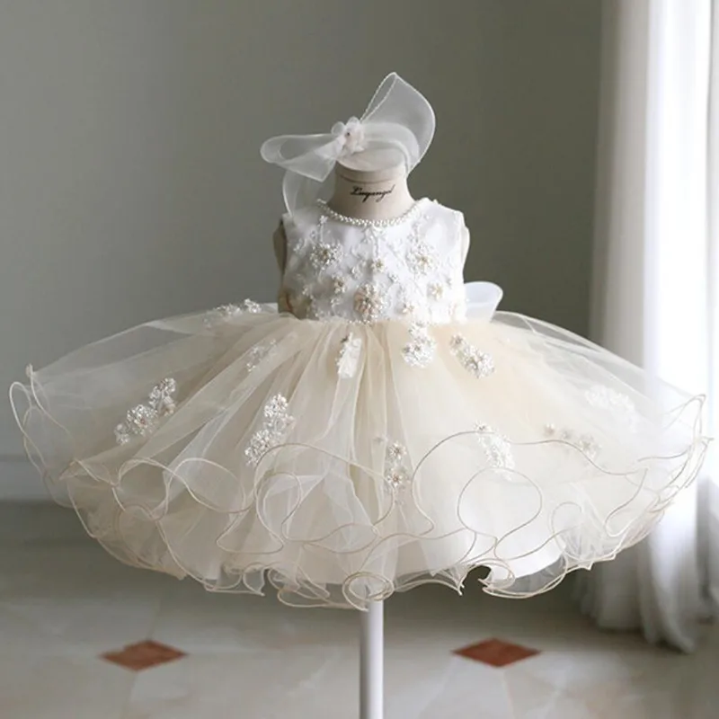 High-End Beaded Lace Sleeveless Princess Ball Gown For Baby Girls Birthday Party Wedding Tutu Dress Piano Costume y520