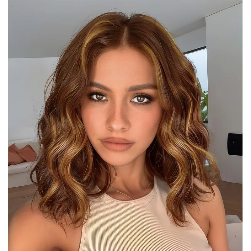 Brown Highlight Short Wavy Human Hair Wig Honey Blonde Curly Wavy Lace Front Wig