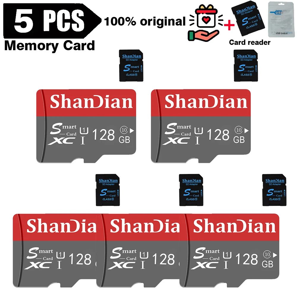 SHANDIAN 5 PCS LOT 100% Original Memory Card 128GB 64GB 32GB 8GB A1 TF SD Card Class 10 UHS-1 Flash Card for Monitoring Phone/PC