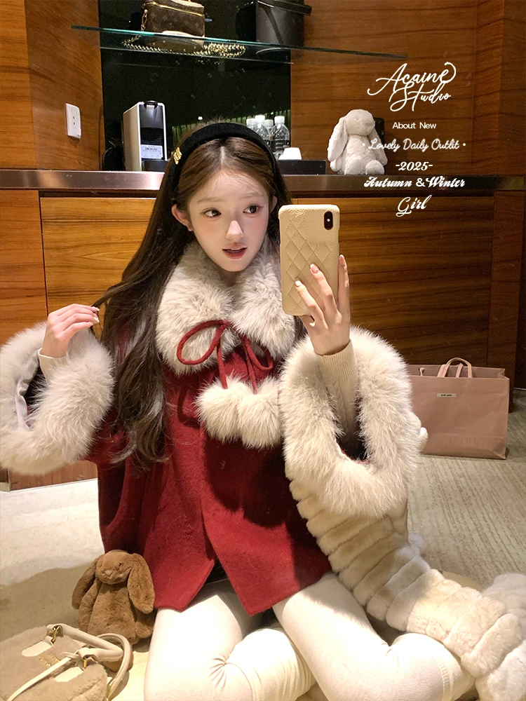 

Acaine Red Cisas Sle Double-Faced Woolen Coat Women's Mid-Length Fur Collar 00 Wool Winter Outerwear Sweet Sle