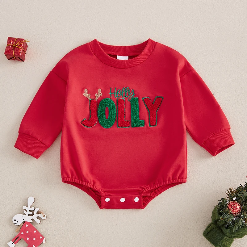 

2024-09-07 Lioraitiin Baby Girls Boys Christmas Sweatshirt Romper Antler Letter Embroidered Long Sleeve Round Neck Jumpsuits