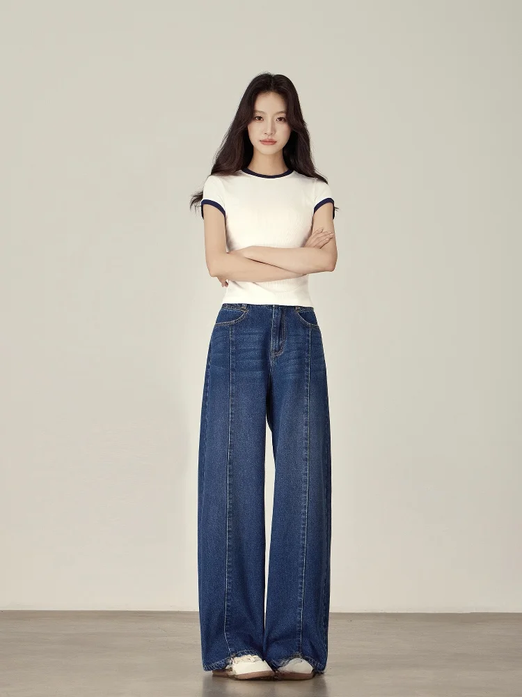 

Темно-синие широкие джинсы прямого кроя, женские свободные утягивающие летние повседневные джинсовые брюки с высокой талией, маленькая посадка