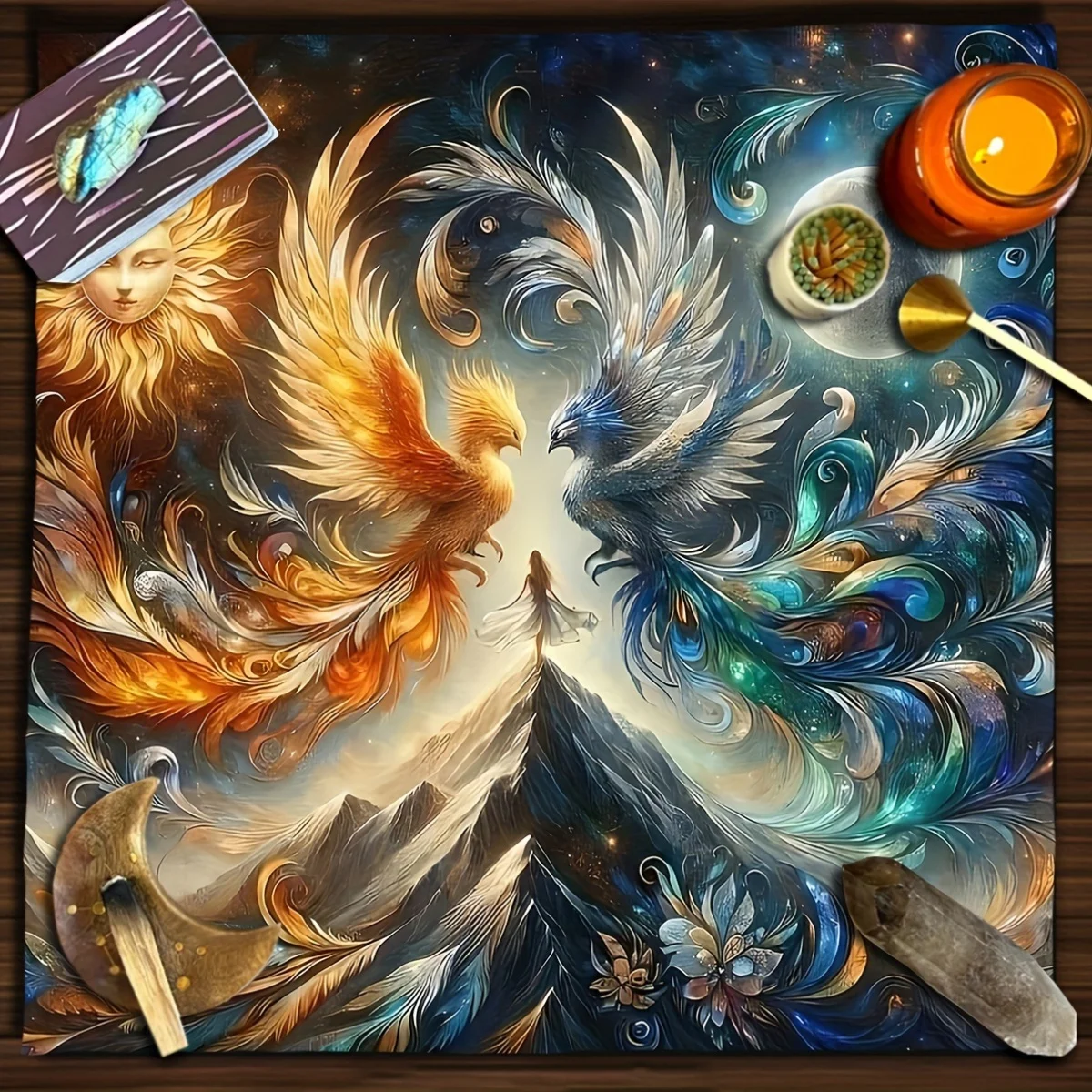 Tarot Cloth Small Tarot Cloth Astrology 1 piece Ice and Fire Phoenix Altar Butaro Tablecloth Moon Design Tarot Tablecloth Spread
