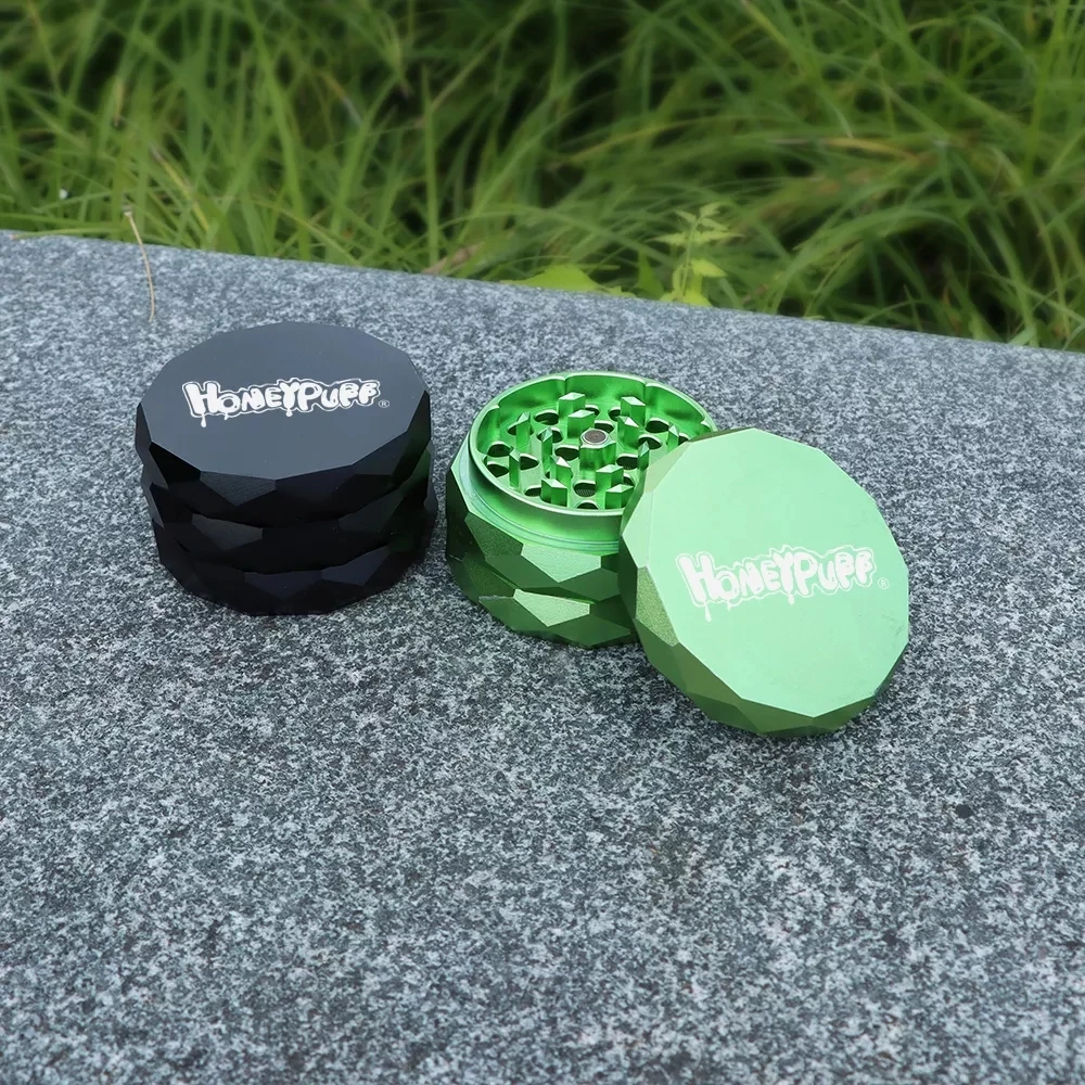 HONEYPUFF Herb Grinder 63mm 4-layers Diamond Cutting Spice Crusher Herb Grinders + Airtight Smell Proof Container Stash Box