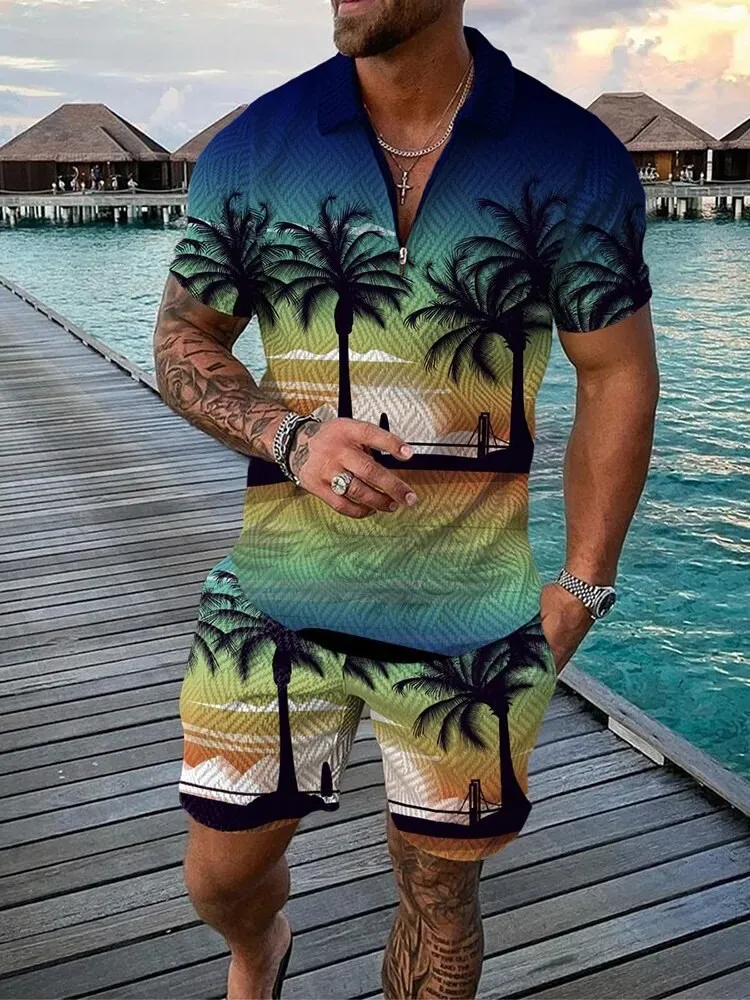 

Summer Trend Men's Sweatsuit Suit Hawaii Beach Elements 3D Printed Zipper Collar Polo Shirt Shorts 2pcs Set Casual Man Clothing