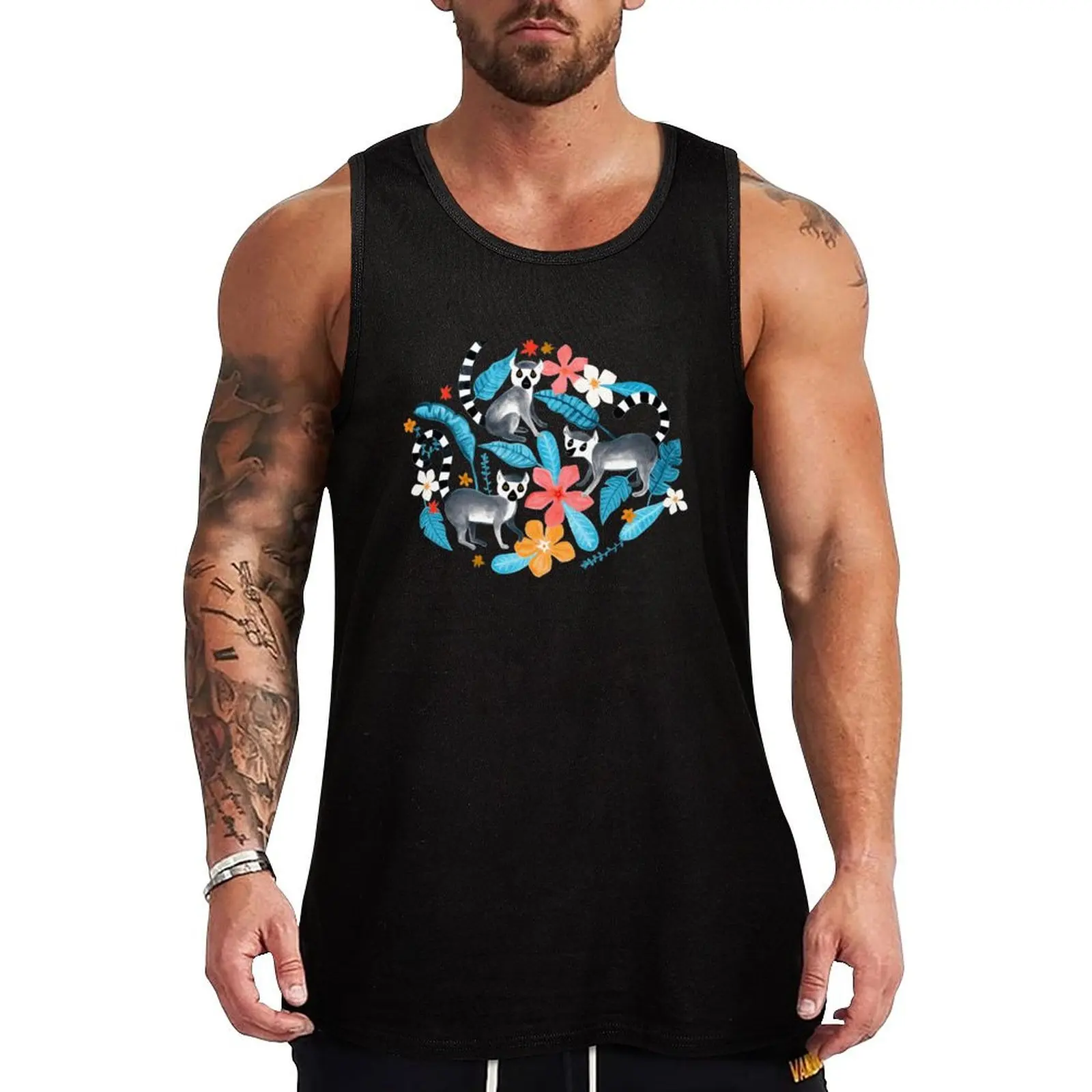 

Gouache Lemur Land on Blue Tank Top gym clothing clothes for men gym t-shirts bodybuilding men