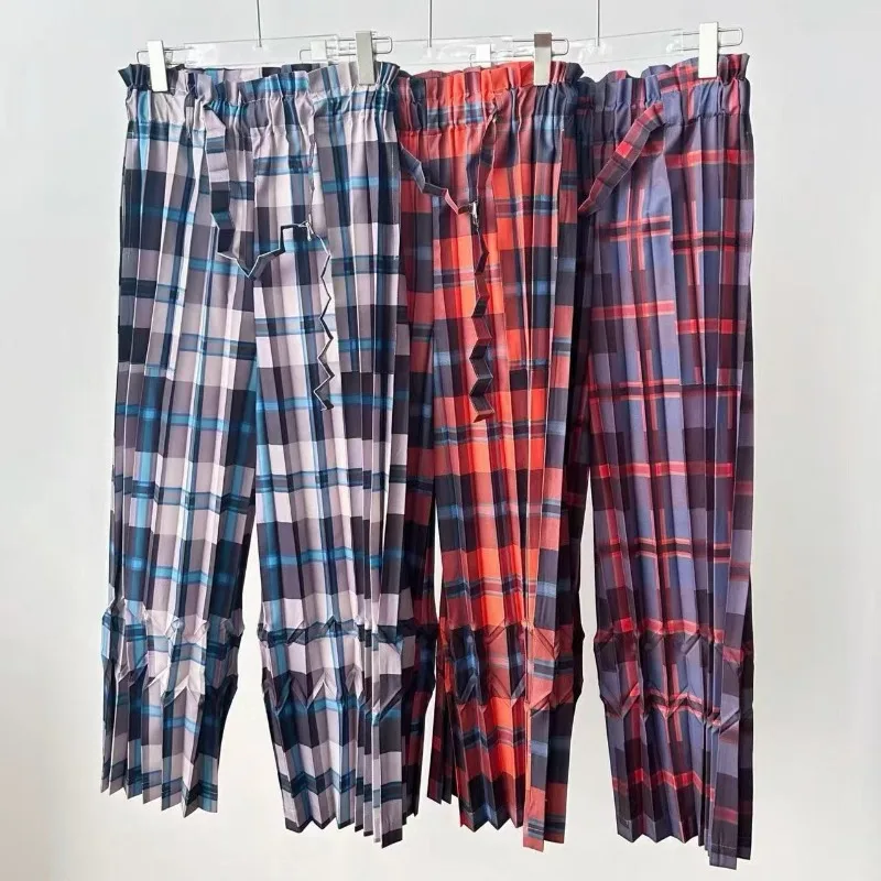 

Miyake Pleated Women's Pants 2026 Summer New Plaid Print Casual Loose Loose Straight Pants Japan Fashion Wrinkle-Free Clothing