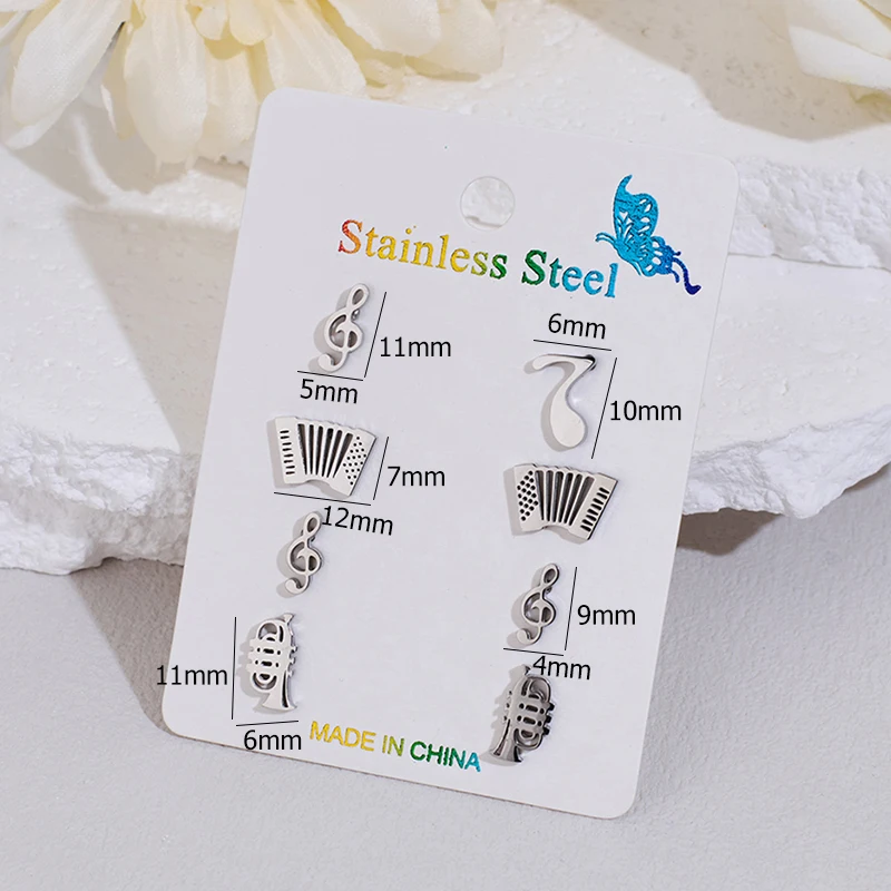 4Pairs/Lot Fashion Musical Instrument Earrings Simple Accordion Cornet Stainless Steel Earings for Women Girls Music Lover Gifts