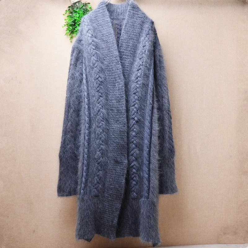 Women Mujer Autumn Winter Thick Warm Hairy Mink Cashmere Knitted Long Front Short Back Loose Cardigan Jersey Angora Sweater Coat