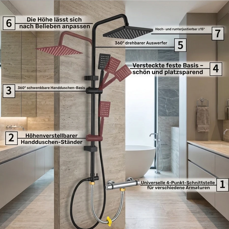 1 set of double shower head system, including an 8-inch shower head and a handheld shower with adjustable height, a stable rail