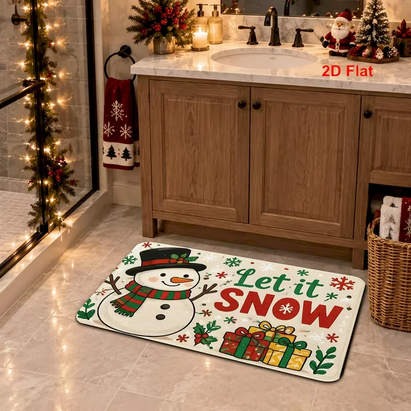VIKAMA Christmas Doormat Non Slip Absorbent Washable Floor Mat Cute Snowman Holding Heart Snowflake Winter Rug