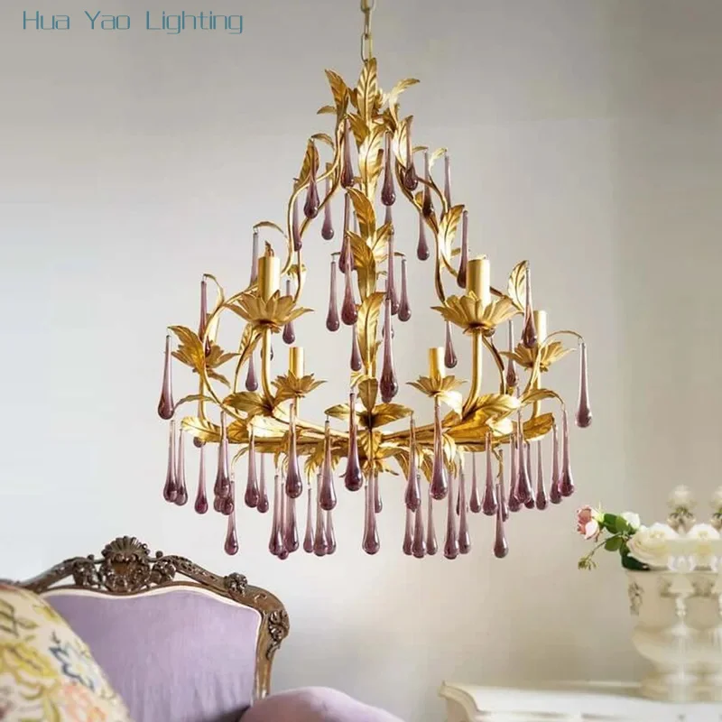 Luxurious Romantic European and French Colorful Droplet Pendant Light Retro Villa Bedroom Light Living Room Light