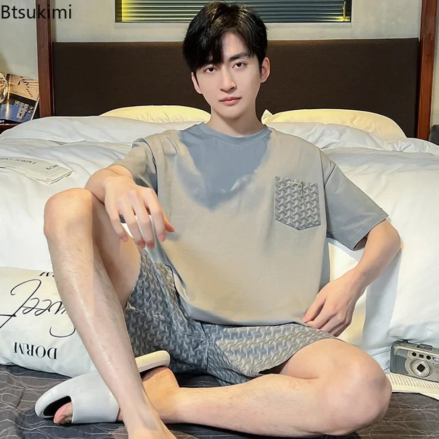 New Men's Summer Casual Pajama Sets Short Sleeve Shorts and Tops Cotton Home Wear Loose Comfortable Sleepwear Men's Lounge Sets