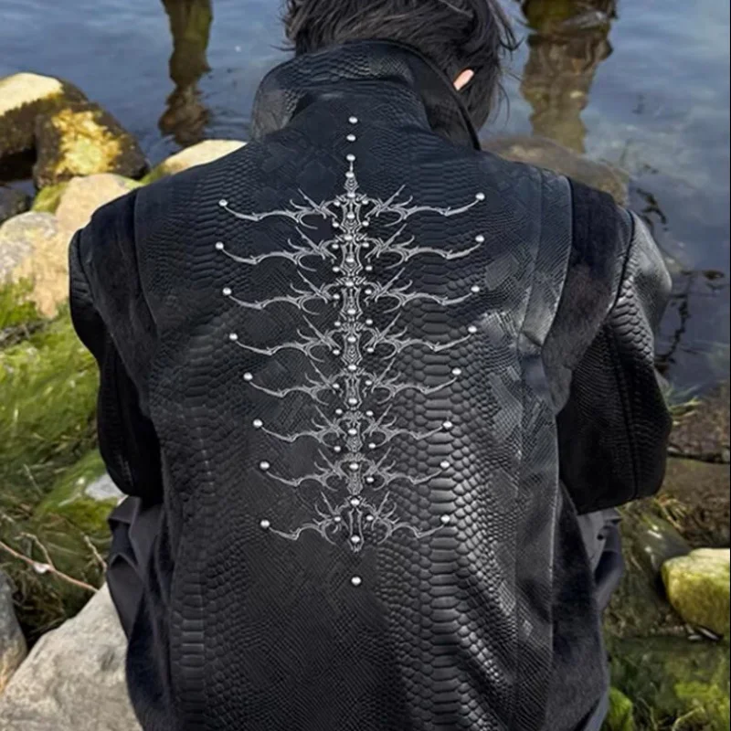 Men Black Snake Embossed Jacket Back Spine Embroidery Rivet Decor Coat Darkwear Gothic Streetwear Oversized Moto Outerwear view 2