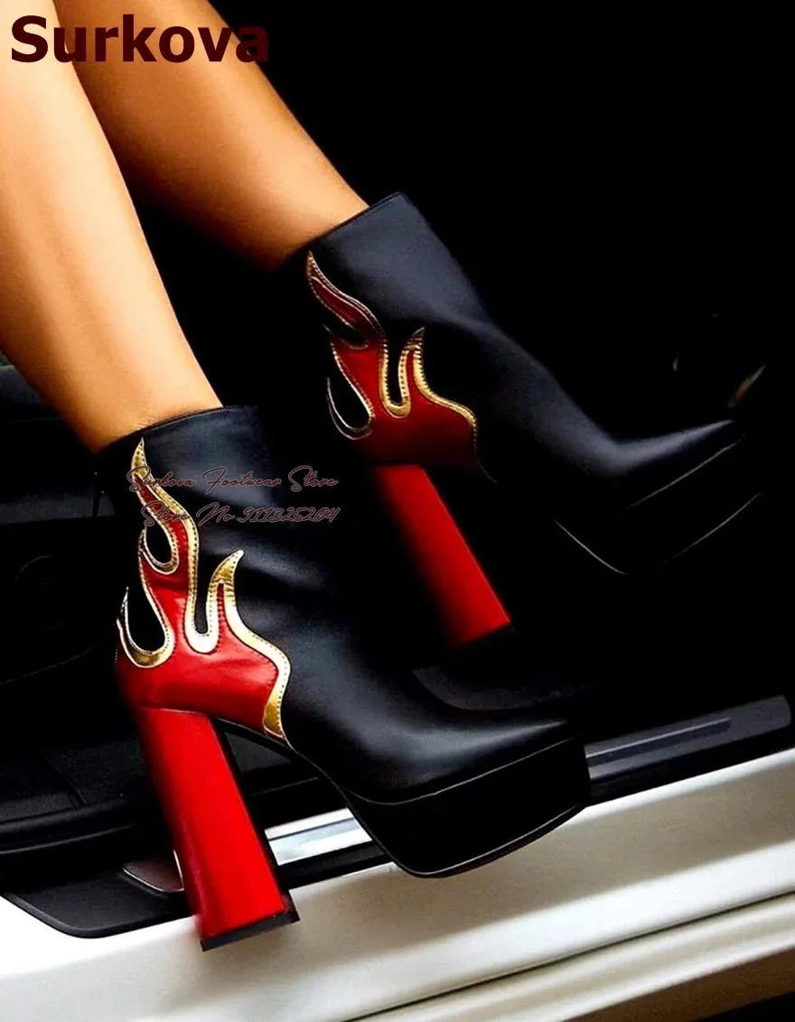 Surkova Neon Green Patent Leather Strange Chunky Heel Ankle Boots Black Matte Torch Shaped Patchwork Short Booties High Platform