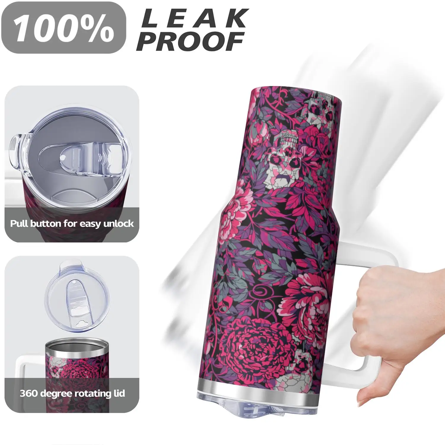 Skull Handle Cup Set with Straw | Maximum Capacity 40 Oz, Inner Layer 304 Stainless Steel, Outer Layer 201 Stainless Steel, Seamless Inner Liner, Lid Made of PC Material, Suitable for Home, Office, Outdoor, Sports, and Car Use