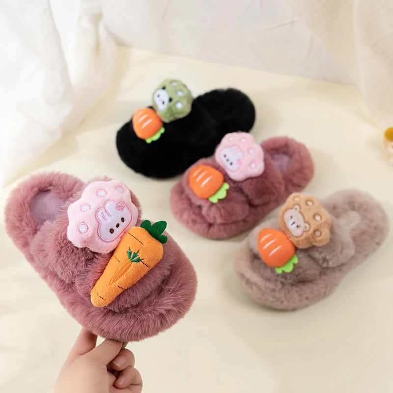 

Kids Fashion Warm Shoes Cute Toys Children Princess Slippers with Thick Fur 2025 Winter New Girls Slippers Open Toes Comfortable