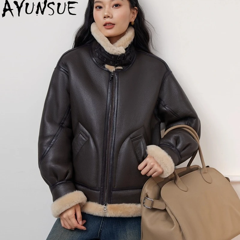 AYUNSUE 天然羊皮毛皮コート本革ジャケット女性 2025 暖かい冬服女性バイクジャケット Шуба Женская