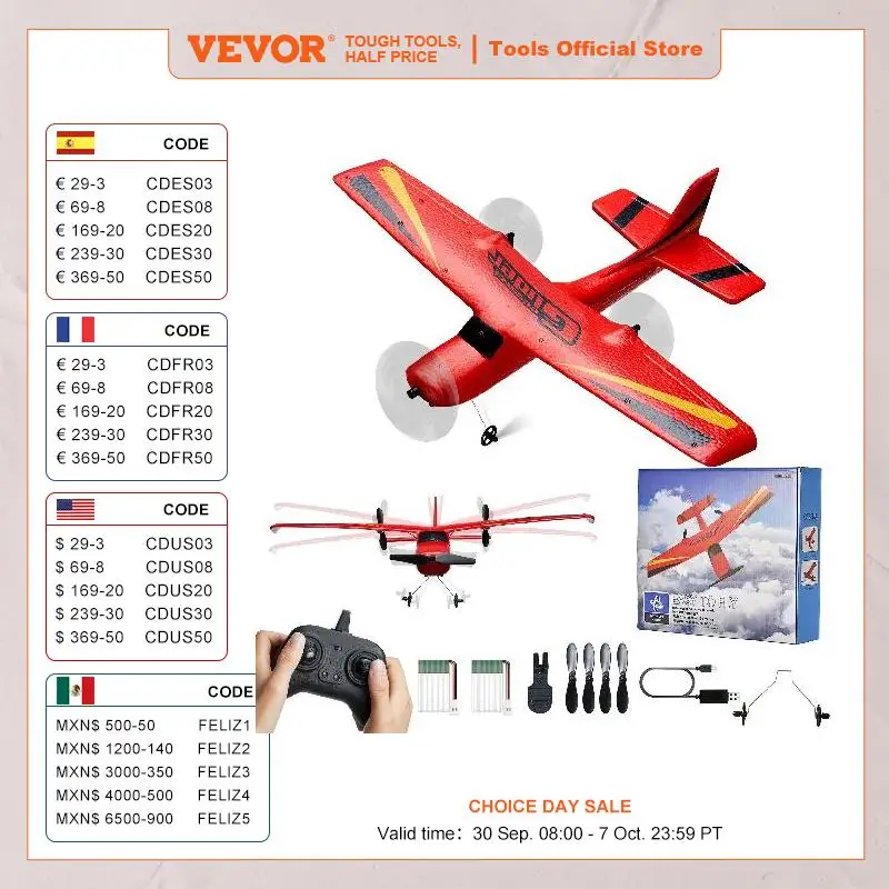 Avión RC VEVOR, avión de control remoto de 2 canales de 2,4 GHZ con estabilizador giroscópico de 6 ejes, avión de juguete listo para volar con 2 baterías, planeador RC fácil de volar para adultos, niños, principiantes,