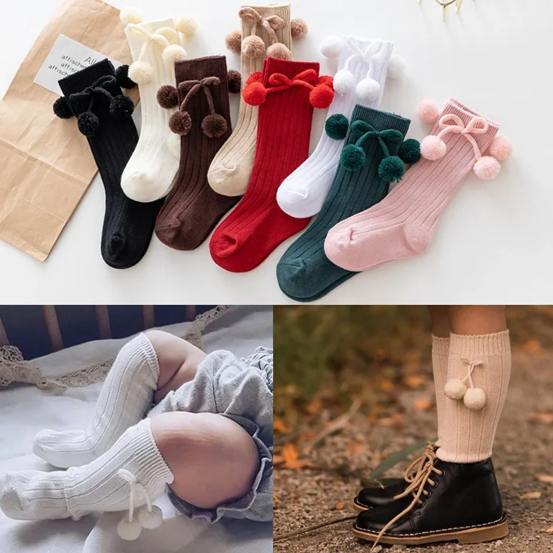 Herfst Winter Kawaii Baby Kousen Katoenen Britse Prinses Knie Hoge Lange Boog Pom Tube Sokken Voor Meisjes Gebreide Sok Warmer 0-4y