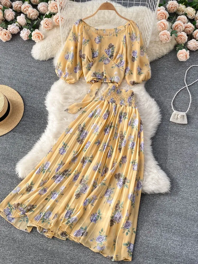 New Women Elegant Floral Skirt Set Female Sleeveless Top & A-Line Midi Skirt Female Casual Suits 2022