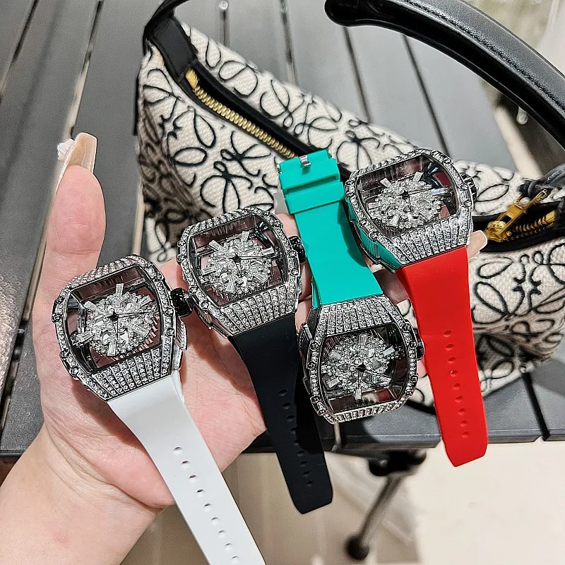 Luxe Merk Dames Horloge Sneeuwvlok Strass Draaiende Diamant Gezicht Voor Vrouwen Siliconen Band Sport Quartz Richard Horloge