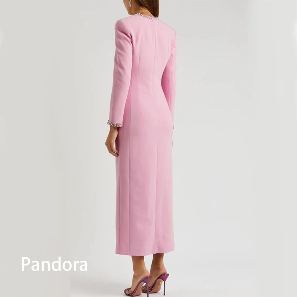 Pandora Elegant Dubai Women\'s ball dress square neck long sleeves ankle-length pink Gorgeous crystal beaded formal evening dress