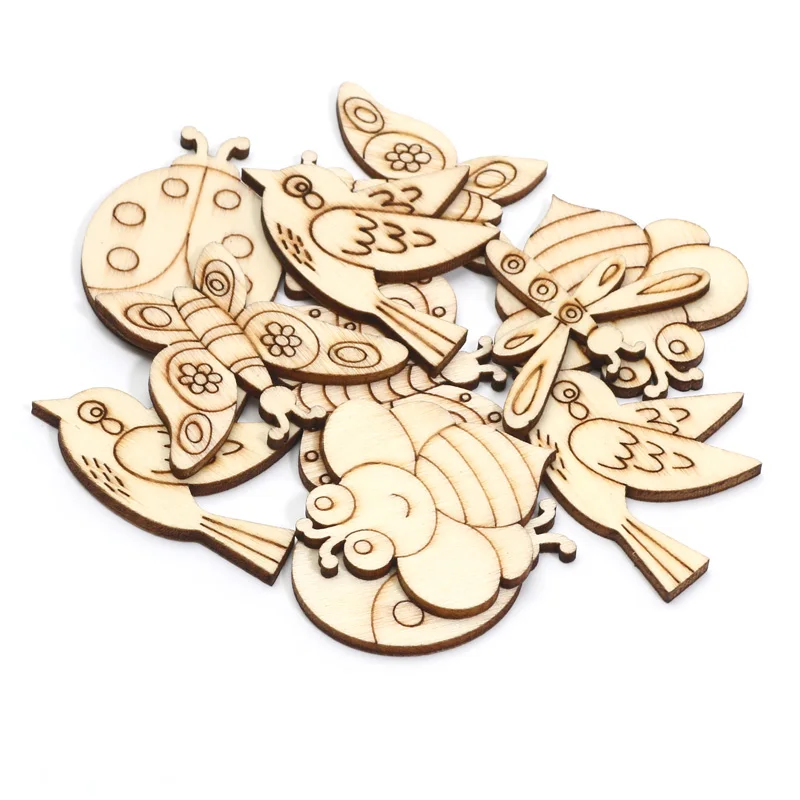 20pcs Mix Ladybug/Bee/Bird/Butterfly Wooden Slices Embellishments Wood DIY Crafts Scrapbooking For Handmade Home Decor Supplies