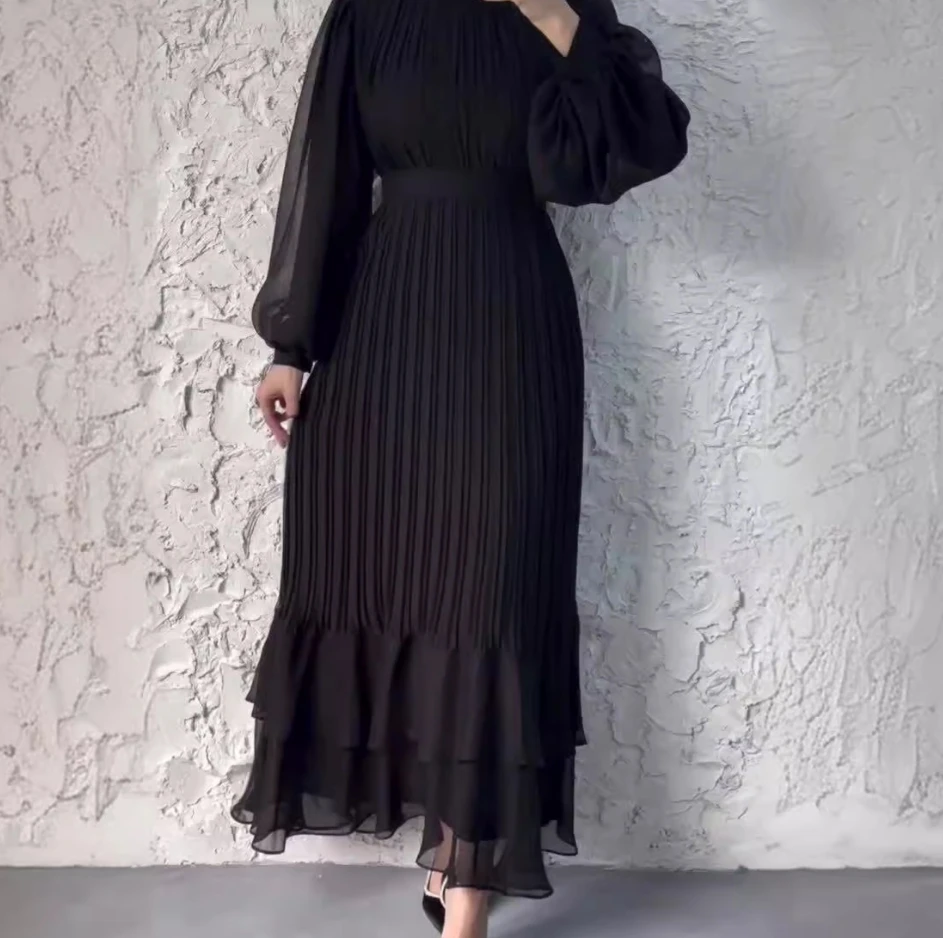 Spot New Shijiazhuang Southeast 2024 Fashionable Monochrome Mesh Patchwork Pleated Long Sleeved High Waisted Pleated Dress