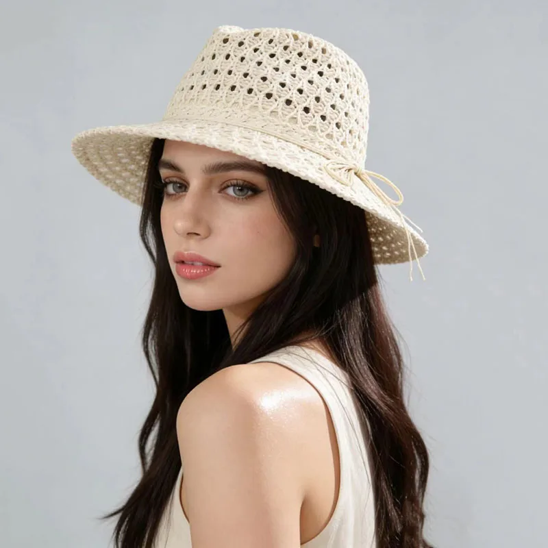 

Japanese Simple Hollow Out Panama Straw Hat for Women Spring Summer BreathableThin Fashion Versatile Holiday Beach Fisherman Cap