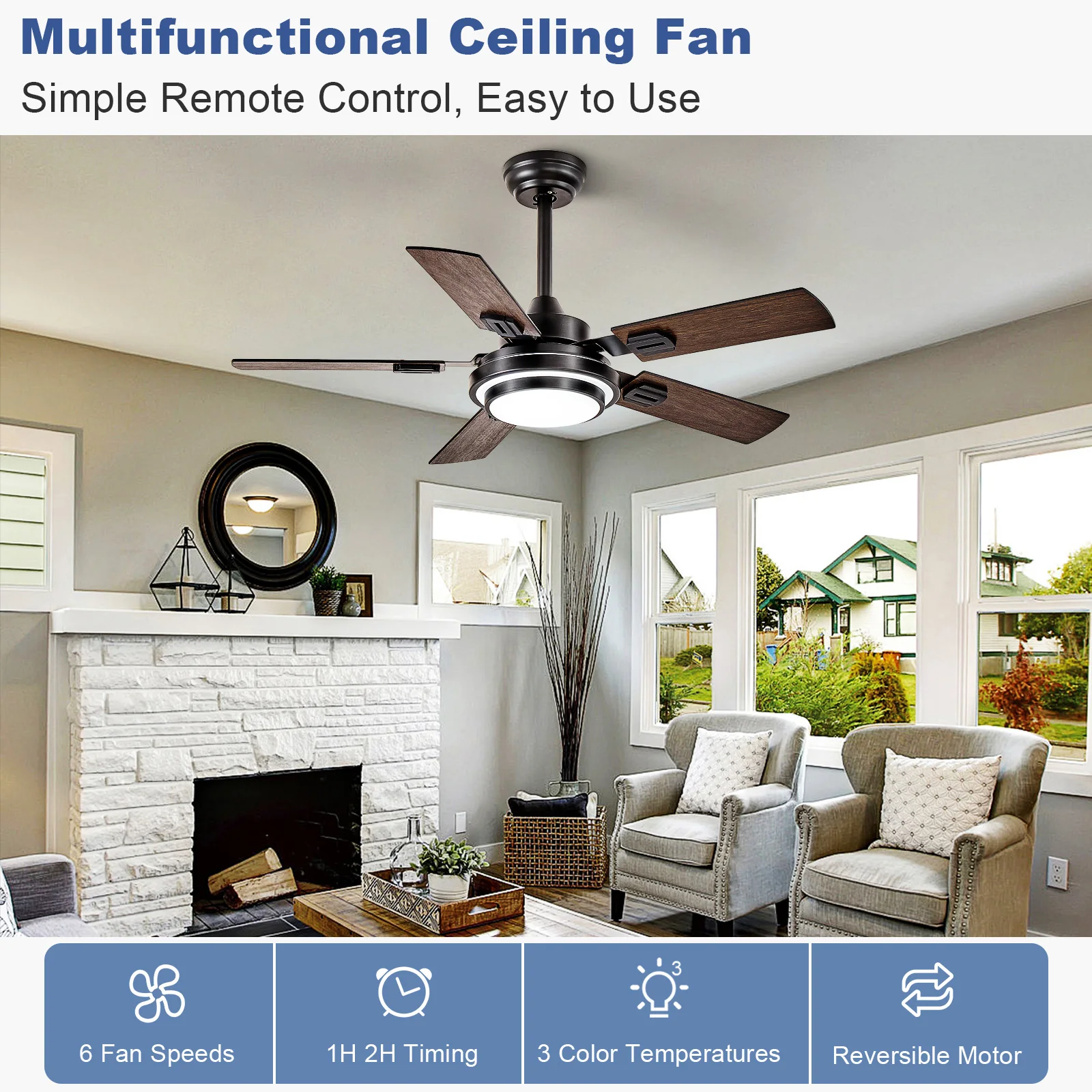 42/52-Inch Ceiling Fan with Light, 5 Blades Dual Finish Reversible - Farmhouse Fan Remote for Living Room Outdoor Patios