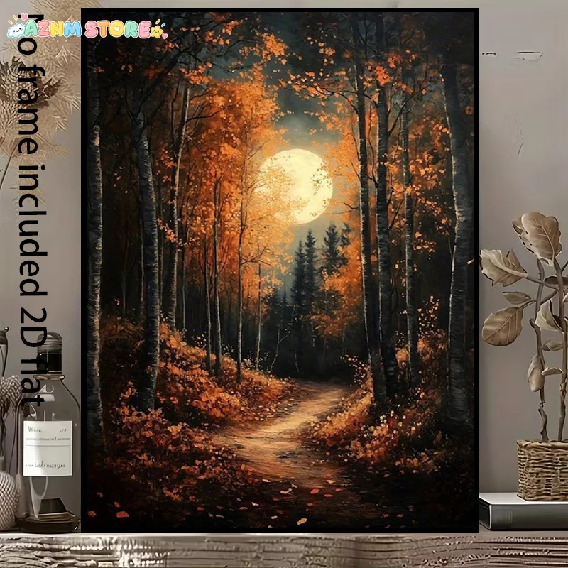 2027,2D Flat, 2D Flat, [2D Flat] Decorative Canvas Painting Autumn Night Moonlight Forest Path Canvas, Dreamlike Scene of Gol