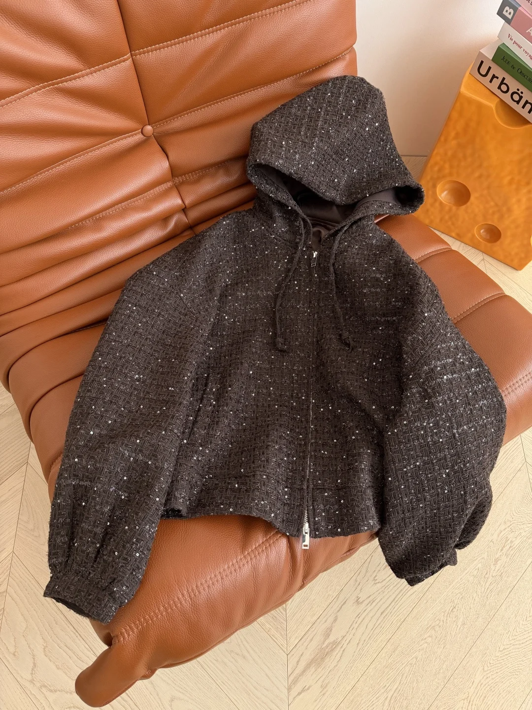 

High quality new women's hooded coarse woolen short jacket, simple and versatile top jacket