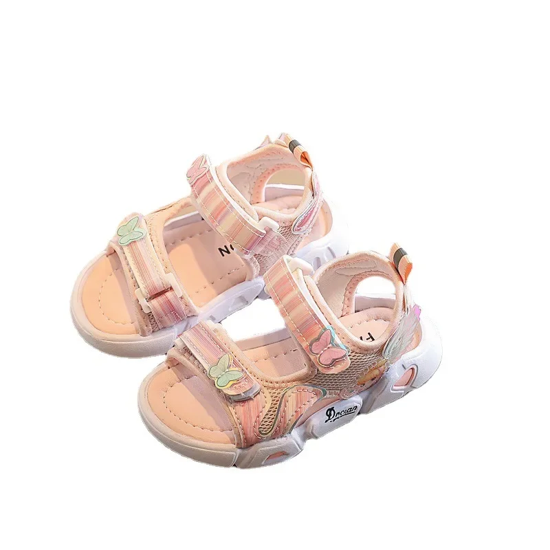 Girls Sandals 2022 Summer New Style Butterfly Breathable Mesh Soft Sole PVC Princess Flat Shoes Baby Girl Sport Beach Sandals