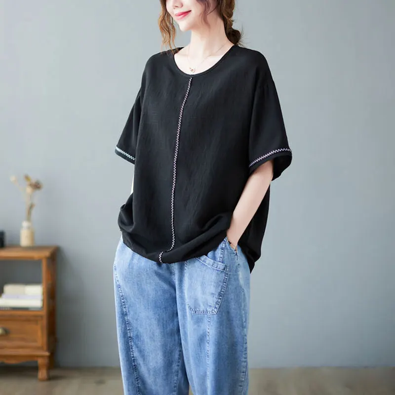 Casual Short Sleeve Pullovers Summer Thin All-match O-Neck Female Clothing Stylish Bright Line Decoration Loose Spliced T-shirt