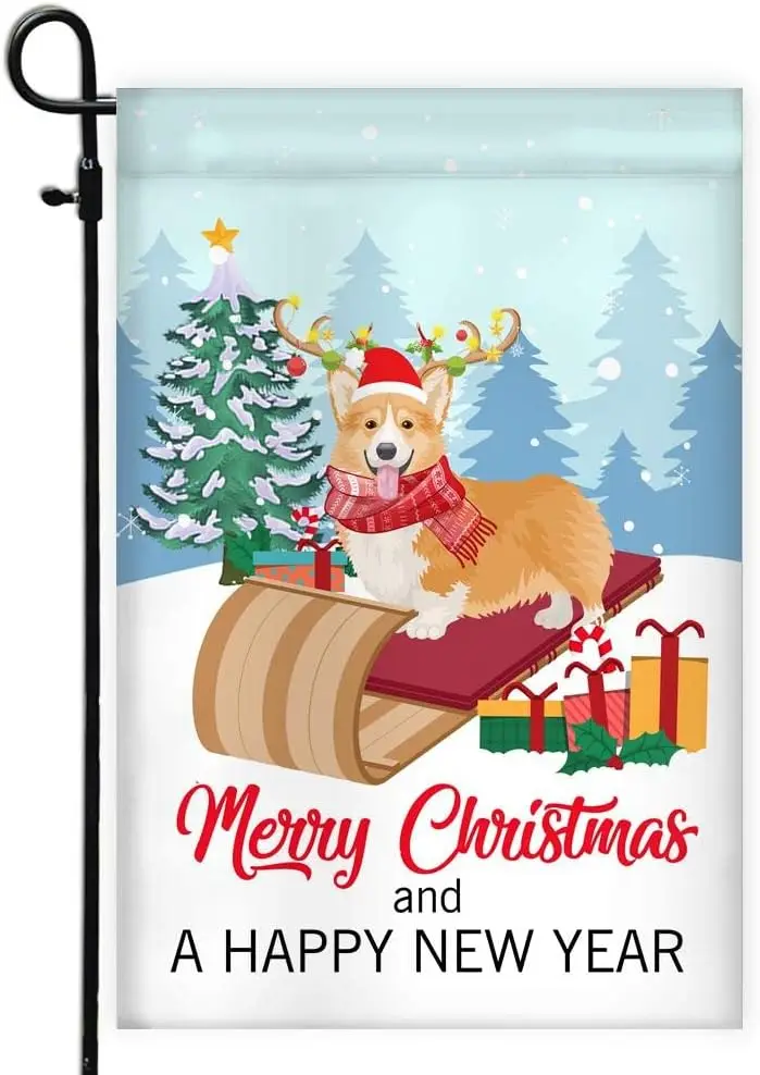 Dog Corgi Christmas Flag Merry and Happy New Year Welcome Gift for Lovers (12inch x 18inch) USA Garden Premium Decorative Yard O